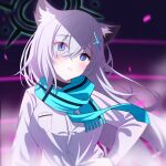  1girl animal_ear_fluff animal_ears blue_archive blue_eyes blurry blurry_background blush breasts buttons choker commentary_request cross_hair_ornament grey_hair hair_ornament halo hand_on_hip highres long_hair long_sleeves looking_at_viewer medium_breasts mismatched_pupils nano_(blueoekaki) open_mouth scarf shiroko_(blue_archive) shiroko_(terror)_(blue_archive) shirt solo upper_body white_shirt wolf_ears 