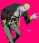  1boy arm_up black_jacket blonde_hair commentary_request donquixote_doflamingo english_text feet_out_of_frame hand_in_pocket jacket long_sleeves looking_at_viewer male_focus mature_male mescaline multicolored_clothes necktie one_piece pink_background short_hair smile solo striped_necktie sunglasses white-framed_eyewear 