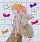  1boy 1girl ? blonde_hair chainsaw_man character_name cross-shaped_pupils denji_(chainsaw_man) fang grey_sweater grid_background gurukousu hair_between_eyes hands_in_pockets heart highres horns long_hair looking_at_viewer open_mouth orange_eyes pink_hair power_(chainsaw_man) red_horns shirt_tucked_in short_hair shorts sideways_glance smile spoken_heart spoken_question_mark sweater symbol-shaped_pupils yellow_eyes 