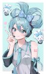  1girl 39 ;d aqua_background aqua_eyes aqua_hair arm_tattoo bare_shoulders blue_bow bow cinnamiku cinnamoroll closed_mouth commentary dald detached_sleeves folded_twintails grey_shirt hair_bow hand_to_own_mouth hatsune_miku highres hug long_hair looking_at_viewer number_tattoo one_eye_closed sanrio shirt sleeveless sleeveless_shirt smile tattoo v vocaloid 