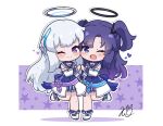  2girls ;) ;d bangs blue_archive blue_sailor_collar blush chibi closed_mouth colored_shadow commentary english_commentary grey_hair halo highres kurotofu long_hair multiple_girls noa_(blue_archive) one_eye_closed parted_bangs pleated_skirt purple_background purple_hair sailor_collar shadow shirt shoes signature skirt smile standing standing_on_one_leg starry_background two-tone_background two_side_up very_long_hair violet_eyes white_background white_footwear white_shirt yuuka_(blue_archive) 