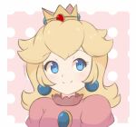  1girl bangs blonde_hair blue_eyes brooch chocomiru closed_mouth crown dress earrings gloves jewelry long_dress long_hair pink_dress polka_dot polka_dot_background princess_peach smile solo super_mario_bros. white_gloves 