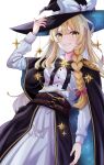  1girl alternate_costume belt black_coat black_headwear blonde_hair bow braid coat commentary_request erisauria hair_bow hat highres kirisame_marisa lapels long_sleeves pink_bow shirt skirt smile solo touhou white_background white_bow white_shirt white_skirt witch_hat yellow_eyes 