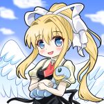  1girl :d air_(visual_novel) angel_wings ascot bangs blonde_hair blue_eyes blue_sky clouds commentary_request kamio_misuzu kaneko_(sakeinu) long_hair looking_at_viewer open_mouth outdoors ponytail puffy_short_sleeves puffy_sleeves red_ascot sauropod short_sleeves sidelocks sky smile solo upper_body white_wings wings 