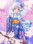  1girl absurdres alternate_costume blue_archive blue_kimono blurry blurry_background blush closed_mouth commentary_request earrings floral_print flower grey_hair hair_bun hair_flower hair_ornament halo hands_up headgear highres japanese_clothes jewelry kimono long_hair long_sleeves nano_(blueoekaki) noa_(blue_archive) sash smile solo standing white_sleeves 