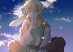  1boy akatsuki_no_yona aqua_eyes blonde_hair blue_background clouds cloudy_sky commentary_request earrings finger_to_mouth green_scarf jewelry korean_clothes long_sleeves looking_at_viewer male_focus pants scarf shushing single_earring sky solo to_mi4922 zeno_(akatsuki_no_yona) 