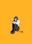  1girl bangs black_footwear black_necktie black_pants chainsaw_man collared_shirt faceless facing_viewer hair_between_eyes highres hugging_own_legs necktie nya_tt0 pants reze_(chainsaw_man) shirt shirt_tucked_in short_hair simple_background solo white_shirt yellow_background 