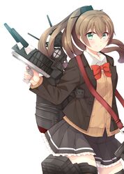  1girl aqua_eyes bangs black_skirt blush brown_cardigan brown_hair cardigan closed_mouth collared_shirt cowboy_shot frilled_skirt frills hair_between_eyes holding kantai_collection kumano_(kancolle) kumano_kai_ni_(kancolle) long_hair long_sleeves machinery neck_ribbon open_cardigan open_clothes pleated_skirt ponytail red_ribbon ribbon rigging shirt simple_background skirt smile solo teramoto_kaoru turret white_background white_shirt 