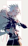  1boy allen_walker azisaiharumaki56 bangs claws copyright_name d.gray-man facial_mark fur_trim gloves highres looking_away male_focus military military_uniform parted_lips short_hair signature solo spiky_hair uniform white_gloves white_hair 