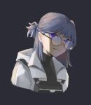  1girl andreana_(arknights) andreana_(silent_arrow)_(arknights) arknights blue_background blue_eyes blue_hair glasses hair_tie highres jacket round_eyewear simple_background solo tekukooo turtleneck white_jacket 