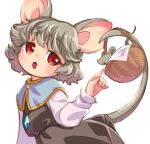  1girl animal_ears bangs basket blue_capelet blush capelet commentary_request cowboy_shot crystal dress grey_dress grey_hair h_haniwa jewelry long_sleeves looking_at_viewer mouse mouse_ears mouse_girl mouse_tail nazrin open_mouth pendant red_eyes shirt short_hair simple_background solo tail touhou white_background white_shirt 
