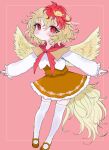  1girl animal animal_on_head bangs bird bird_on_head bird_tail bird_wings blonde_hair blush chick closed_mouth dress feathered_wings hair_between_eyes highres long_sleeves multicolored_hair niwatari_kutaka on_head orange_dress orange_footwear outstretched_arms pink_background red_eyes redhead renakobonb shirt shoes short_hair solo spread_arms tail thigh-highs touhou twitter_username two-tone_hair white_shirt white_thighhighs wings yellow_wings 