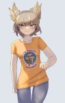  1girl absurdres alternate_costume bangs blue_pants breaking_bad brown_eyes brown_hair closed_mouth collarbone contemporary cowboy_shot earmuffs grey_background highres kalejdodatabase los_pollos_hermanos pants pointy_hair shirt short_sleeves simple_background smile solo standing t-shirt touhou toyosatomimi_no_miko yellow_shirt 