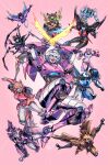  6+girls absurdres airachnid airazor annotated anode_(transformers) arcee autobot beast_wars beast_wars:_transformers blue_eyes cover cover_page doujin_cover dual_wielding elita_one energy_sword english_commentary extra_legs highres holding holding_sword holding_weapon holding_wrench kiss_players lina_rojas lug_(transformers) mecha multiple_girls nautica_(transformers) nickel_(transformers) open_mouth parted_lips pink_background pointing red_eyes robot rosanna_(transformers) science_fiction slipstream_(transformers) strongarm_(transformers) sword the_transformers_(idw) transformers transformers:_robots_in_disguise_(2015) transformers_animated transformers_prime weapon windblade wrench 