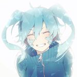  11_10_11 1girl absurdres bad_id bad_pixiv_id blue_hair blue_jacket blunt_ends blurry closed_eyes collared_jacket ene_(kagerou_project) facing_viewer fang hair_between_eyes headphones highres jacket kagerou_project mekakucity_actors open_mouth popped_collar portrait simple_background smile solo teeth track_jacket twintails upper_body white_background zipper 
