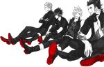  4boys boots commentary_request crossed_arms ebira final_fantasy final_fantasy_xv freckles gladiolus_amicitia glasses hair_over_one_eye ignis_scientia jacket male_focus monochrome multiple_boys noctis_lucis_caelum prompto_argentum scar scar_across_eye sitting sleeveless smile soles spiky_hair spot_color tattoo vest 