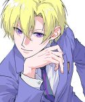 1boy ako_(eanaaati1) blonde_hair closed_mouth highres jacket long_sleeves looking_at_viewer male_focus necktie ouran_high_school_host_club ouran_high_school_uniform school_uniform shirt short_hair simple_background smile solo suou_tamaki violet_eyes white_background white_shirt 