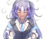 1girl =3 bangs black_jacket blue_archive blue_necktie blush clenched_hands closed_eyes coat collared_shirt commentary_request facing_viewer full-face_blush jacket long_hair nano_(blueoekaki) necktie off_shoulder open_mouth parted_bangs purple_hair shirt simple_background solo twintails two_side_up wavy_mouth white_background white_coat white_shirt yuuka_(blue_archive)