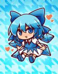  1girl absurdres bangs blue_background blue_bow blue_dress blue_eyes blue_footwear blue_hair blush bow chibi cirno collared_shirt commentary_request dress flat_chest full_body hair_bow heart highres ice ice_wings kide_koushin looking_at_viewer open_mouth pinafore_dress puffy_short_sleeves puffy_sleeves shirt shoes short_hair short_sleeves smile socks solo touhou triangle_mouth two-tone_dress white_dress white_shirt white_socks wings 