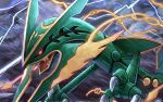  black_sclera claws clouds cloudy_sky colored_sclera commentary_request dragon eastern_dragon fang glowing glowing_eyes herawan highres lightning mega_pokemon mega_rayquaza no_humans open_mouth outdoors pokemon pokemon_(creature) rain rayquaza red_eyes skin_fang sky solo tongue 
