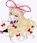  1girl bangs blonde_hair blush bow closed_mouth dress gap_(touhou) hair_between_eyes hair_bow hat hat_ribbon highres long_hair mob_cap one-hour_drawing_challenge purple_dress red_bow red_ribbon renakobonb ribbon simple_background solo touhou twitter_username white_background white_headwear yakumo_yukari yellow_eyes 