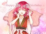  1girl akatsuki_no_yona aminyao blush cherry_blossoms closed_eyes commentary_request facing_viewer flower hair_flower hair_ornament happy_birthday highres korean_clothes multicolored_background pink_background purple_background redhead short_sleeves solo yona_(akatsuki_no_yona) 