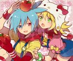  amitie_(puyopuyo) animal_hat apple blonde_hair blue_eyes blue_hair blush cat_hat commentary_request food fruit green_eyes hana_(mew) hat hello_kitty hello_kitty_(character) heterochromia looking_at_another looking_at_penis open_mouth puyopuyo red_eyes short_hair sig_(puyopuyo) 