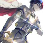  1boy alear_(fire_emblem) alear_(male)_(fire_emblem) belt black_belt blue_eyes blue_gloves blue_hair cape closed_mouth commentary_request cowboy_shot fire_emblem fire_emblem_engage gloves heterochromia highres holding holding_sword holding_weapon jacket jewelry long_sleeves looking_away male_focus multicolored_hair pants red_eyes redhead ring shiroi_(shiroicbe) shirt short_hair simple_background solo standing sword two-tone_hair weapon white_background white_cape white_jacket white_pants white_shirt 