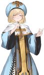  1girl absurdres alternate_costume bangs blonde_hair blue_dress blue_headwear blush closed_eyes closed_mouth commentary_request djeeta_(granblue_fantasy) dress facing_viewer feet_out_of_frame granblue_fantasy hands_up highres long_sleeves shiro_wa_(shiroshironix) short_hair simple_background solo standing white_background wide_sleeves 