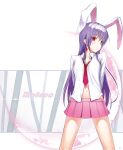 1girl absurdres animal_ears character_name collared_shirt earrings highres jewelry ken-1 long_hair long_sleeves looking_at_viewer miniskirt navel necktie photoshop_(medium) pink_necktie pink_skirt purple_hair rabbit_ears rabbit_girl red_eyes red_necktie reisen_udongein_inaba revision shirt skirt solo touhou white_background white_shirt 