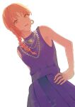  1girl braid braided_ponytail chainsaw_man dress earrings gurukousu hand_on_hip highres hoop_earrings jewelry makima_(chainsaw_man) medium_hair multiple_rings necklace official_alternate_costume pearl_necklace purple_dress redhead ring sleeveless sleeveless_dress solo 