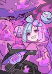  1girl alternate_color bangs commentary_request gastly green_hair grin high_collar highres iono_(pokemon) jacket lampent long_hair looking_at_viewer mismagius multicolored_hair pokemon pokemon_(creature) pokemon_(game) pokemon_sv purple_hair sleeves_past_fingers sleeves_past_wrists smile sutokame teeth two-tone_hair 
