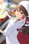  1girl apron bangs blush bow brown_eyes brown_hair commentary_request cooking cooking_pot cowboy_shot dress frilled_bow frilled_hair_tubes frills hair_between_eyes hair_bow hair_tubes hakurei_reimu heart heart_in_mouth highres kappougi kimeemaru long_hair looking_at_viewer mamacha_(vnct5755) open_mouth red_bow red_dress shameimaru_aya sidelocks smile solo stew stove touhou white_apron yukkuri_shiteitte_ne 