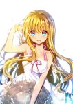  1girl air_(visual_novel) alternate_costume bangs blonde_hair blue_eyes breasts commentary_request dress hand_in_own_hair hat highres holding holding_clothes holding_hat kamio_misuzu key_(company) large_breasts lliissaawwuu2 long_hair looking_at_viewer open_mouth simple_background smile solo sundress upper_body white_background white_dress 
