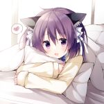  1girl animal_ear_fluff animal_ears bangs bloom blush bow crossed_arms dot_nose hair_between_eyes hair_bow hair_ribbon heart highres himeguri_taruhi light_particles long_sleeves looking_at_viewer lying object_hug on_stomach open_mouth pillow pillow_hug purple_hair ribbon shirt sleeves_past_wrists smile solo spoken_heart takepoison under_covers violet_eyes white_bow white_ribbon yellow_shirt yuki_koi_melt 