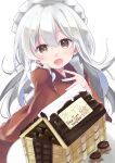  1girl chocolate facing_viewer food foxxre frills hair_between_eyes hand_on_own_chest highres holding holding_plate kannagiri_nagamitsu_(tenka_hyakken) long_hair maid_headdress open_mouth plate sculpture sweets tenka_hyakken wa_maid white_hair wide_sleeves 