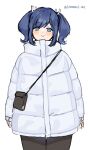  1girl bag black_pants blue_eyes blue_hair coat commentary_request cowboy_shot jacket kantai_collection kozu_(bloomme1_me) long_hair official_alternate_costume pants simple_background solo souryuu_(kancolle) standing twintails twitter_username white_background white_jacket winter_clothes winter_coat 