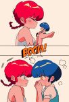  2girls black_footwear blue_eyes blue_hair blush breasts closed_eyes highres multiple_girls ranma-chan ranma_1/2 redhead sanamaru_(sana79261827) school_uniform short_hair simple_background size_difference tendou_akane yuri 