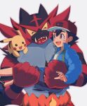  1boy :d abe_(kumayu) ash_ketchum bangs baseball_cap black_hair blue_footwear blue_jacket brown_eyes carrying commentary_request grey_shorts hat highres incineroar jacket long_sleeves male_focus open_clothes open_jacket open_mouth pikachu pokemon pokemon_(anime) pokemon_(creature) pokemon_journeys red_headwear shirt shoes short_hair shorts smile white_background white_shirt 