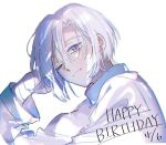  1boy akatsuki_no_yona blue_eyes closed_mouth commentary_request dated happy_birthday head_rest kija_(akatsuki_no_yona) korean_clothes long_sleeves male_focus one_eye_closed short_hair smile solo to_mi4922 white_background white_hair 