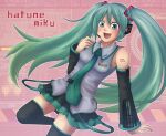  1girl aqua_eyes aqua_hair arm_tattoo artist_request character_name detached_sleeves grey_shirt happy hatsune_miku long_hair looking_at_viewer necktie non-web_source open_mouth shirt skirt sleeveless sleeveless_shirt smile source_request tattoo twintails very_long_hair vocaloid 