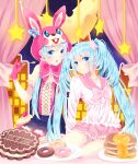  2girls absurdres animal_hood aqua_eyes aqua_hair artist_request blush collared_shirt commentary_request dress dual_persona food frilled_dress frilled_skirt frilled_sleeves frills gloves hatsune_miku heart highres hood hoodie long_hair long_sleeves looking_at_viewer lots_of_laugh_(vocaloid) multiple_girls open_mouth pancake pirumjuice rabbit_hood red_gloves red_ribbon ribbon shirt short_sleeves skirt twintails very_long_hair vocaloid 
