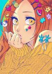  1girl bleach commentary inoue_orihime lips long_hair looking_at_viewer multiple_hairpins orange_hair sidelocks solo sweater yellow_eyes yellow_sweater yshjsw 