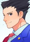  1boy ace_attorney badge black_hair blue_eyes blue_jacket button_badge cocked_eyebrow collared_shirt commentary formal grid_background hair_slicked_back highres jacket looking_at_viewer male_focus necktie phoenix_wright portrait red_necktie shirt short_hair smirk solo somrk3 spiky_hair suit symbol-only_commentary white_shirt 