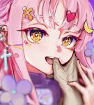  1girl 1other bite_mark blue_archive colored_eyelashes commentary_request cross cross_earrings earrings finger_in_another&#039;s_mouth heart heart-shaped_pupils highres jewelry long_hair mika_(blue_archive) multicolored_eyes pink_hair solo_focus sstthei sticker symbol-shaped_pupils yellow_eyes 