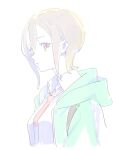  1girl blonde_hair closed_mouth commentary_request copyright_request enkyo_yuuichirou green_jacket highres hood hood_down jacket looking_at_viewer necktie open_clothes open_jacket orange_necktie short_hair simple_background solo upper_body violet_eyes white_background 