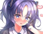 1girl black_gloves blue_archive blue_eyes blush collared_shirt commentary furrowed_brow gloves hand_in_own_hair hand_up heart highres long_hair looking_at_viewer nano_(blueoekaki) open_mouth portrait purple_hair shirt solo sweat twintails two_side_up wavy_mouth yuuka_(blue_archive)