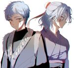  2boys abi_(akatsuki_no_yona) akatsuki_no_yona androgynous blue_hair closed_mouth commentary_request facial_mark facing_to_the_side frown jewelry korean_clothes long_sleeves looking_at_viewer male_focus multiple_boys necklace shin-ah_(akatsuki_no_yona) short_hair to_mi4922 white_background yellow_eyes 