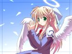  1girl angel_wings avatar_(eco) bangs blonde_hair blue_bow blue_dress blush bow closed_mouth commentary_request dress emil_chronicle_online feathered_wings green_eyes hair_between_eyes hair_bow half_updo halo hands_up long_hair long_sleeves own_hands_together puffy_long_sleeves puffy_sleeves shinjou_satomi sidelocks smile solo split_mouth titania_(eco) white_wings wings 