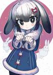  1girl :3 animal_ears bangs black_eyes blue_coat blush coat cowboy_shot grey_hair hair_between_eyes hair_ornament highres ketopon looking_at_viewer medium_hair multicolored_hair original paw_pose rabbit rabbit_ears rabbit_girl rabbit_tail sidelocks snow solo tail white_hair 